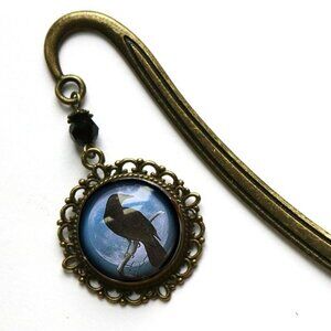 Raven Bookmark -‎ Antique Bronze Glass Cabochon - Vintage Crow Book Hook - NEW